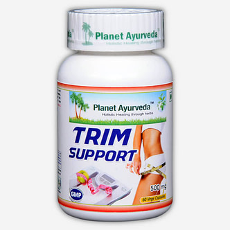 Planet Ayurveda Trim Support capsules, een Ayurvedisch kruidenpreparaat van effectieve kruiden voor de ondersteuning van de spijsvertering en gewichtsverlies en het versnellen van de stofwisseling.