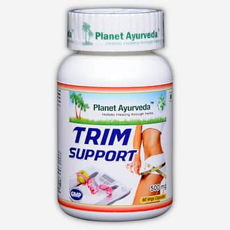 Planet Ayurveda Trim Support capsules, een Ayurvedisch kruidenpreparaat van effectieve kruiden voor de ondersteuning van de spijsvertering en gewichtsverlies en het versnellen van de stofwisseling.