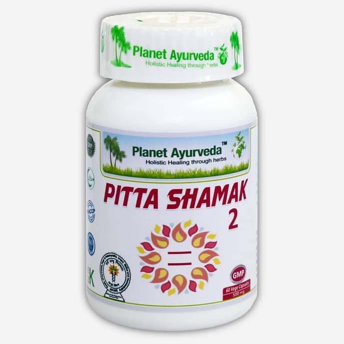 Planet Ayurveda Pitta Shamak 2 capsules - een Ayurvedische kruidenmix die wordt gebruikt om de Pitta Dosha te verlagen bij alle ziektes die worden veroorzaakt door verhoging hiervan (meestal aandoeningen aangaande bloed, spijsvertering, huid, ogen en ziektes van organen in de buikholte).